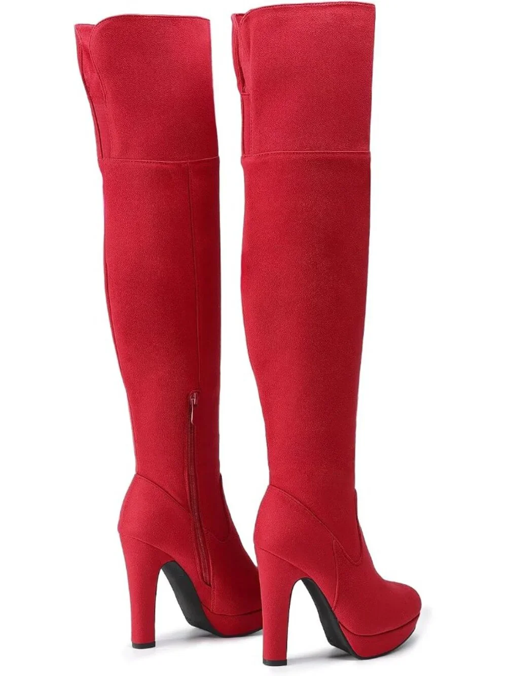 Women's Red High Heel Round Toe Faux Suede Over The Knee Thigh High Boots